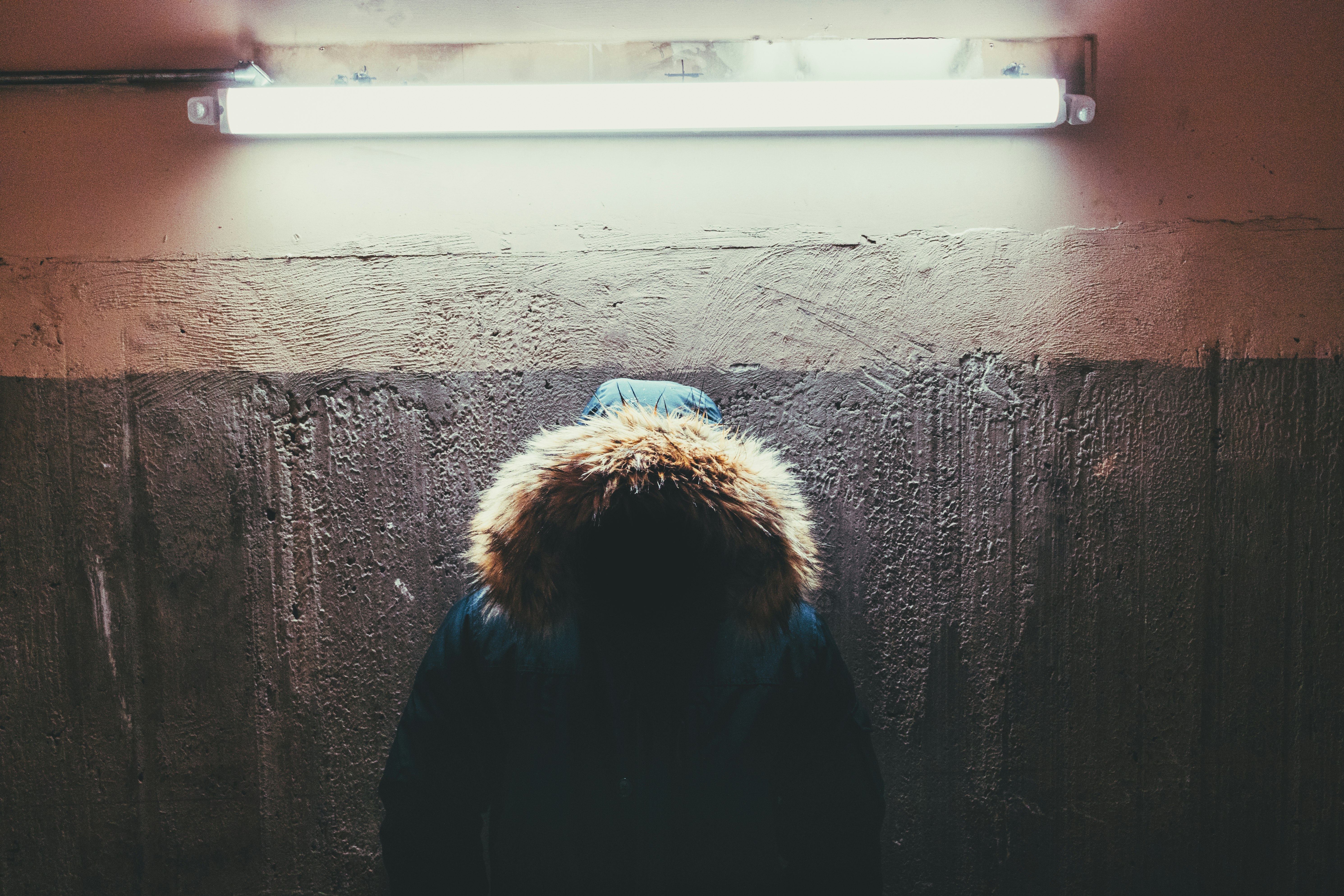 blue and beige fur-line coat hanging on wall